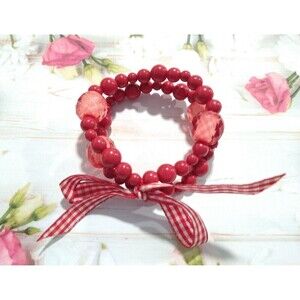 Red White Ribbon Two Layered Red Beads Adjustable Bracelet Stretch